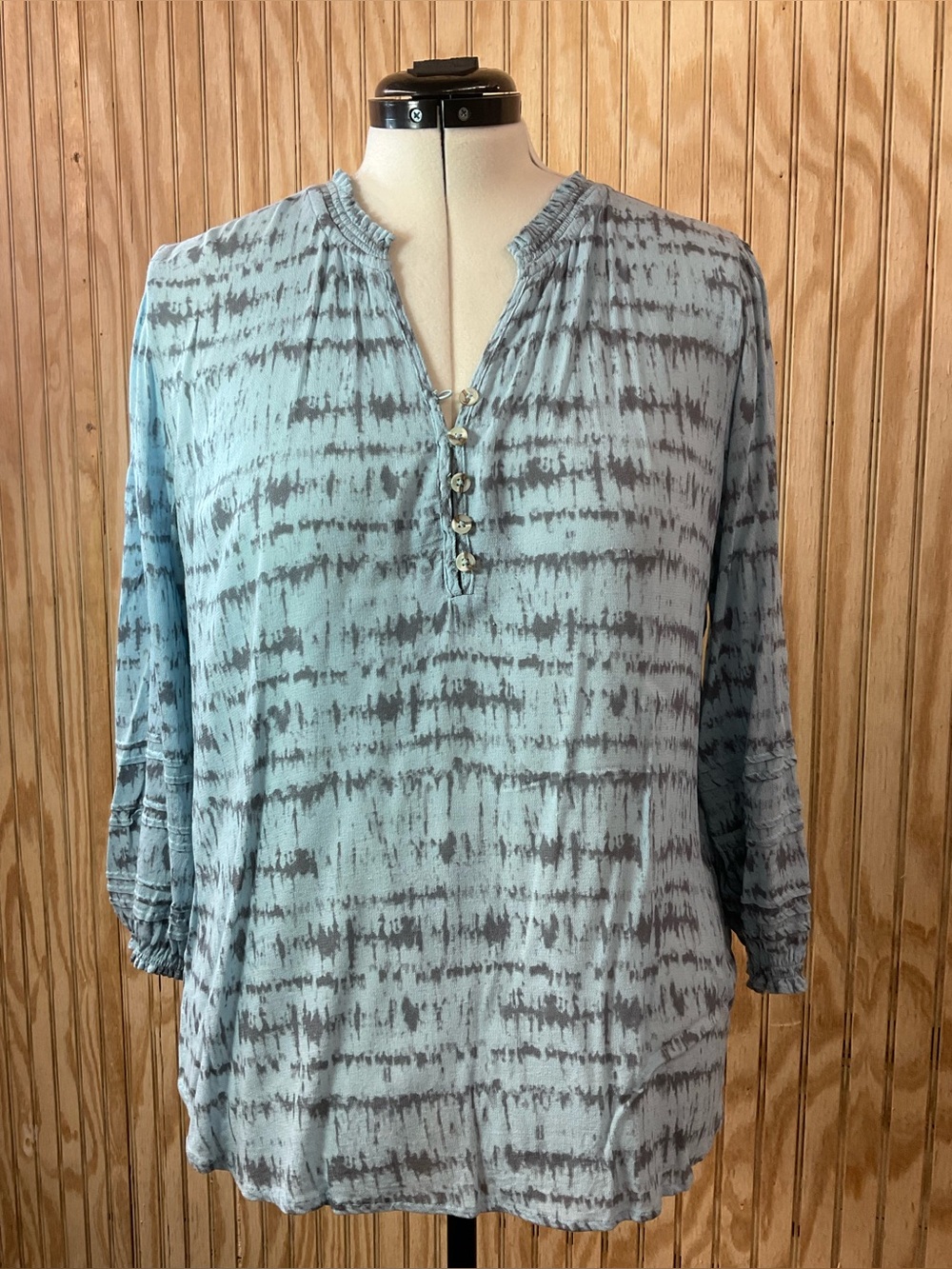 Democracy Blue Tie-Dye Split Neck Henley Tunic